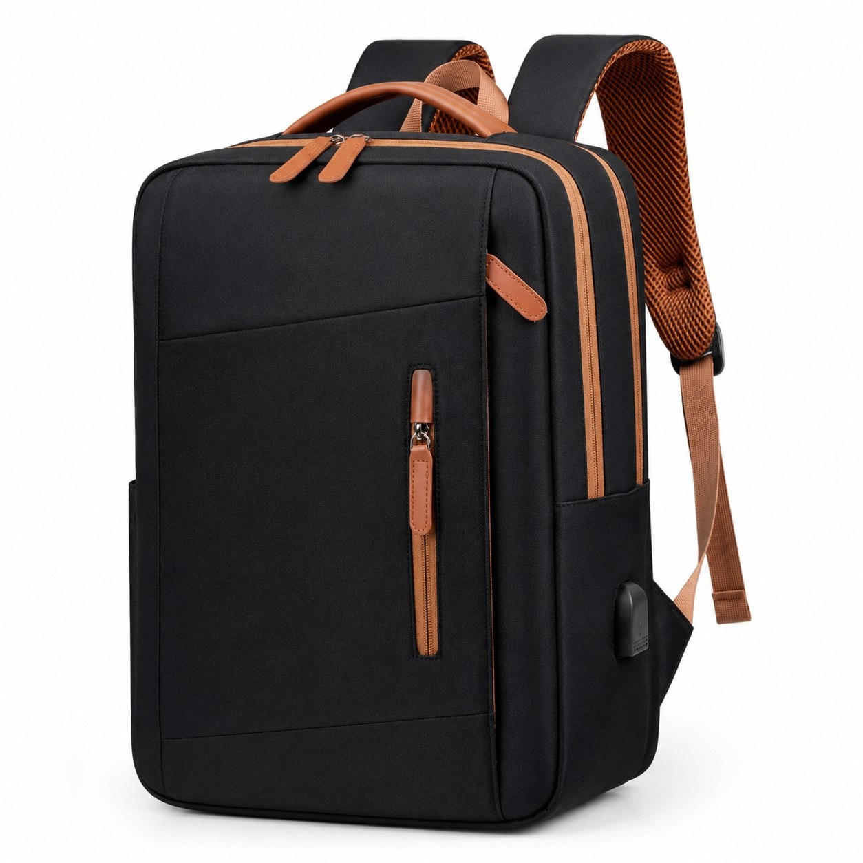 Sac à Dos Ordinateur Noir & Marron – Élégant, Port USB & Multi-Poches