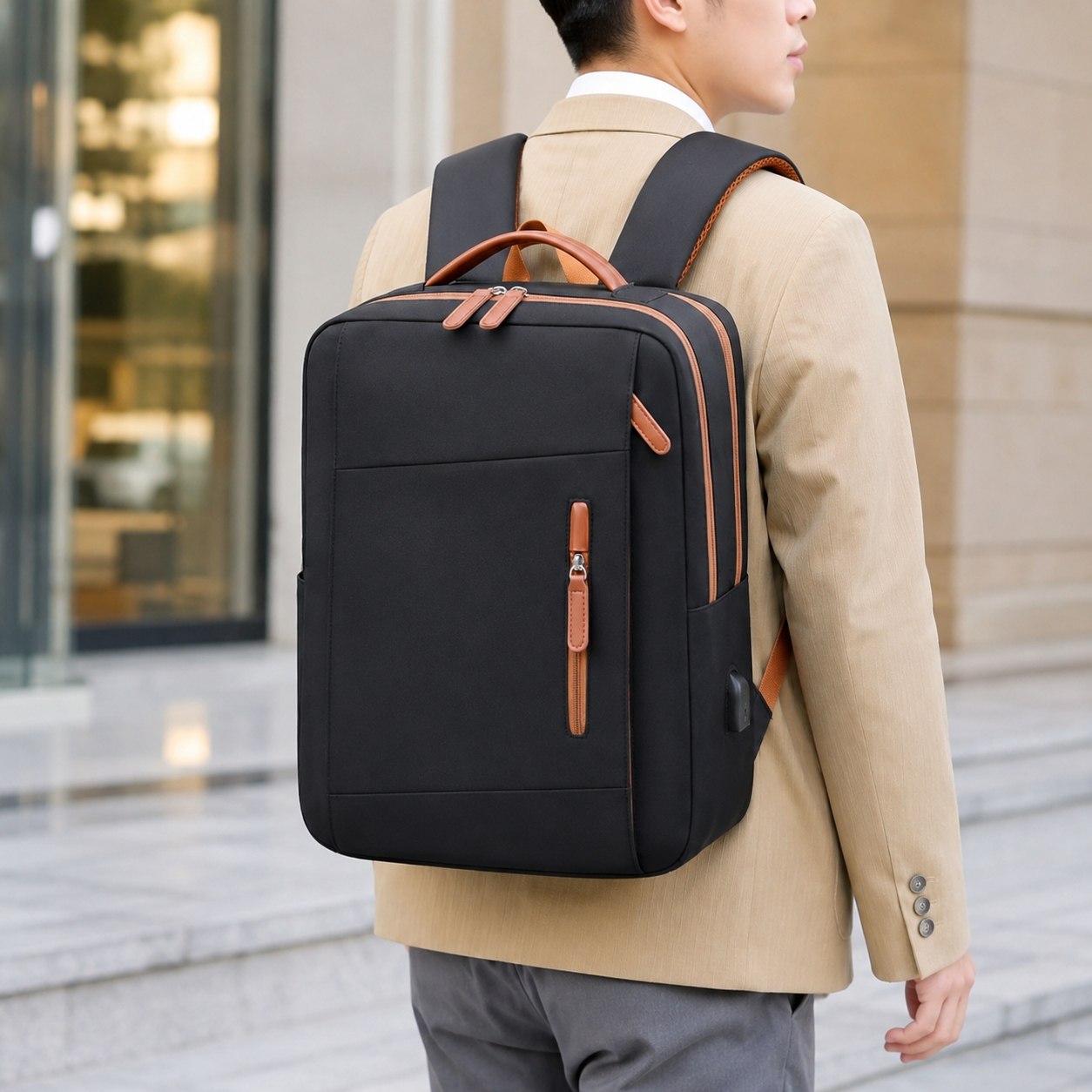 Sac à Dos Ordinateur Noir & Marron – Élégant, Port USB & Multi-Poches