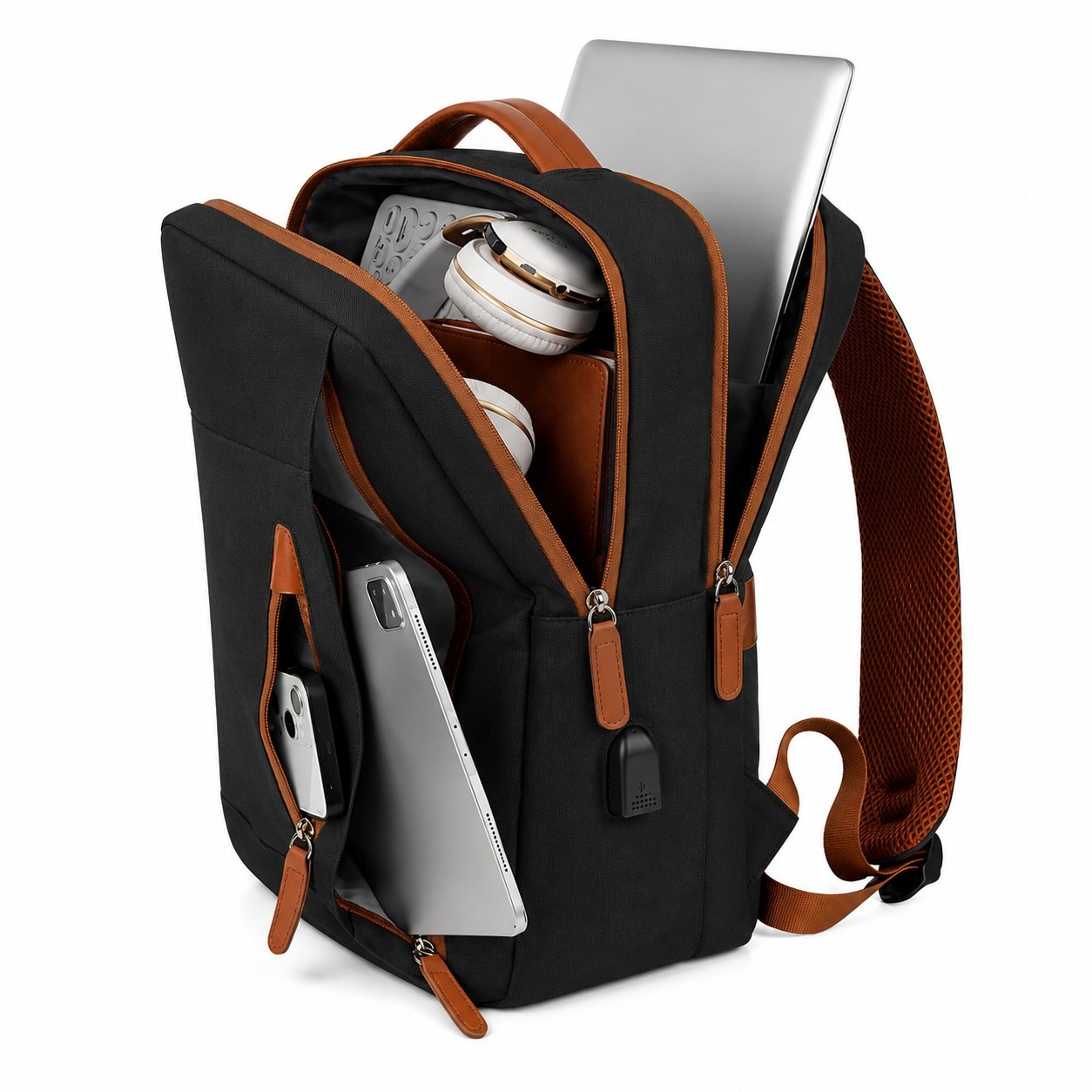 Sac à Dos Ordinateur Noir & Marron – Élégant, Port USB & Multi-Poches
