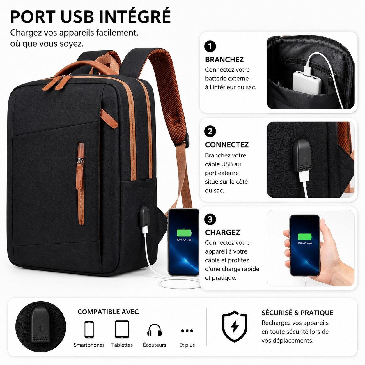Sac à Dos Ordinateur Noir & Marron – Élégant, Port USB & Multi-Poches